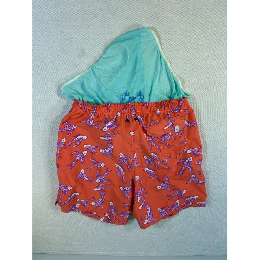 Strong Boalt Mens XL Swim Trunks Orange Purple Flying Fish Print Mesh Lined 6in‎